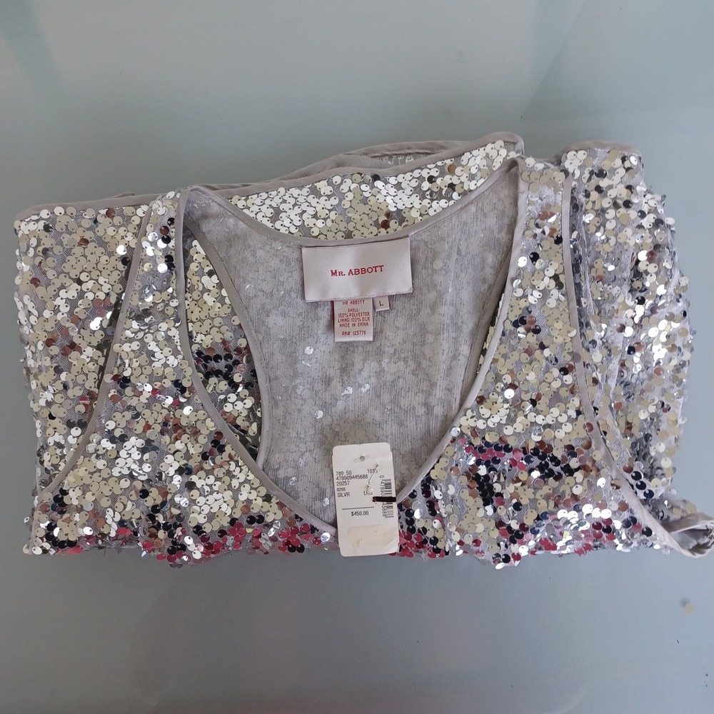 Mr Abbott Silver Sequin Silk Lined Mini Dress V-Neck Racerback L NWT $450 - Picture 11 of 11